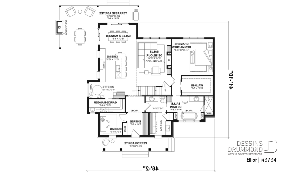Rez-de-chaussée - Plan de maison cottage lumineux avec 3 chambres, plafond 18'4" et sous-sol évolutif - Elliot