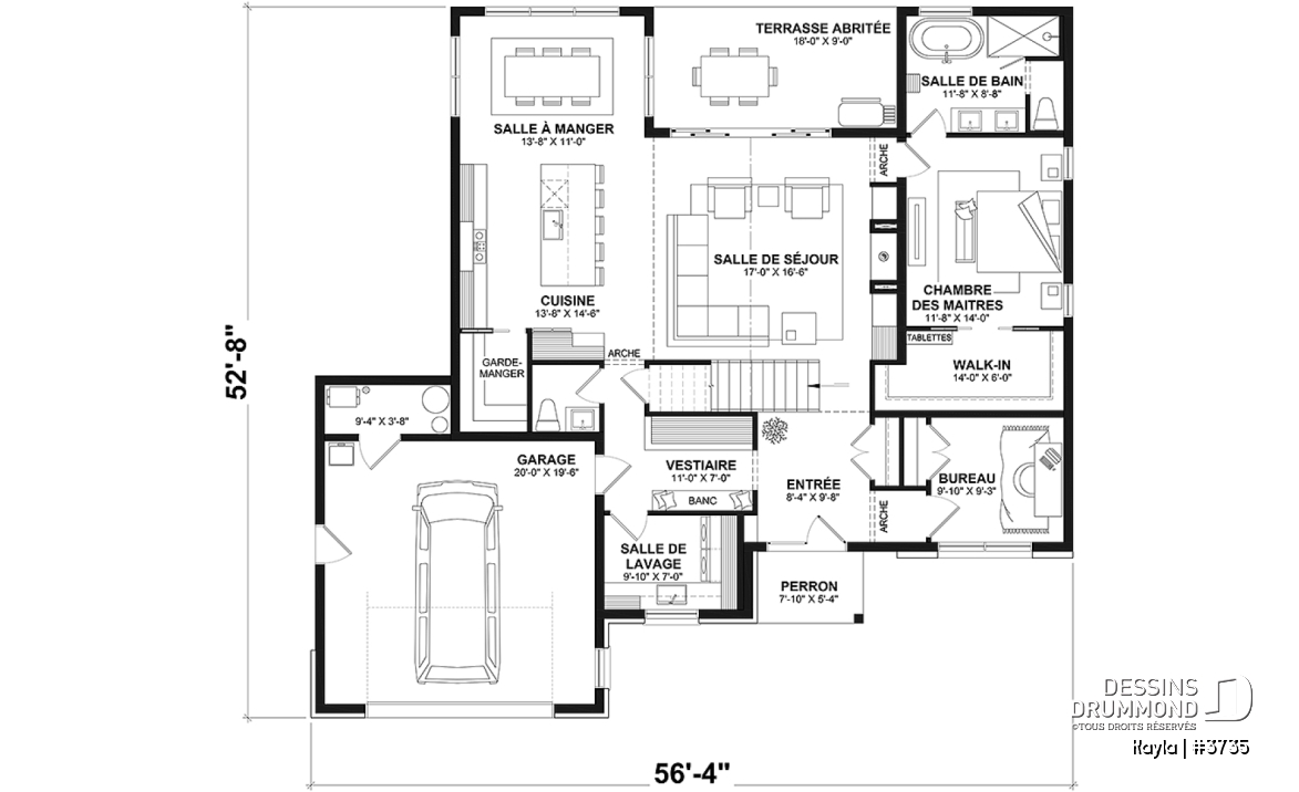 Rez-de-chaussée - Plan de maison classique, suite des parents au r-d-c, total 3 chambres + bureau - Kayla