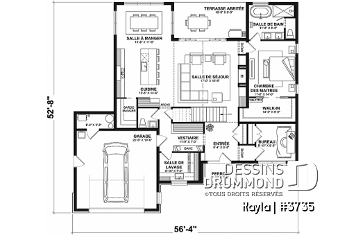 Rez-de-chaussée - Plan de maison classique, suite des parents au r-d-c, total 3 chambres + bureau - Kayla