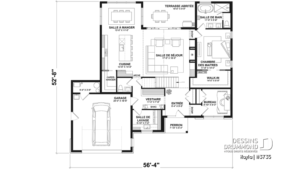 Rez-de-chaussée - Plan de maison classique, suite des parents au r-d-c, total 3 chambres + bureau - Kayla