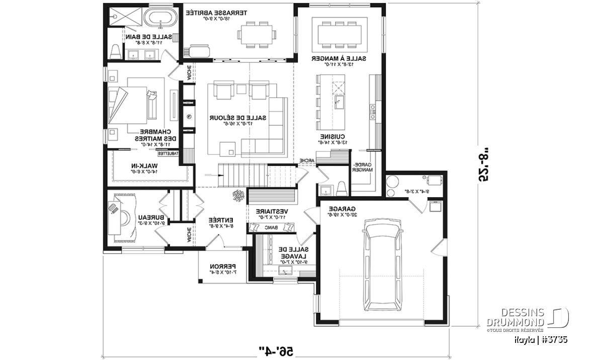 Rez-de-chaussée - Plan de maison classique, suite des parents au r-d-c, total 3 chambres + bureau - Kayla