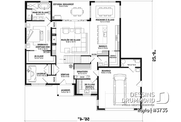 Rez-de-chaussée - Plan de maison classique, suite des parents au r-d-c, total 3 chambres + bureau - Kayla