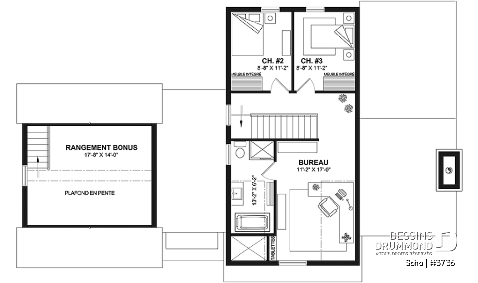 Étage - Maison de style transitionnel à aire ouverte, suite des parents au rez-de-chaussée, bureau à l'étage - Soho