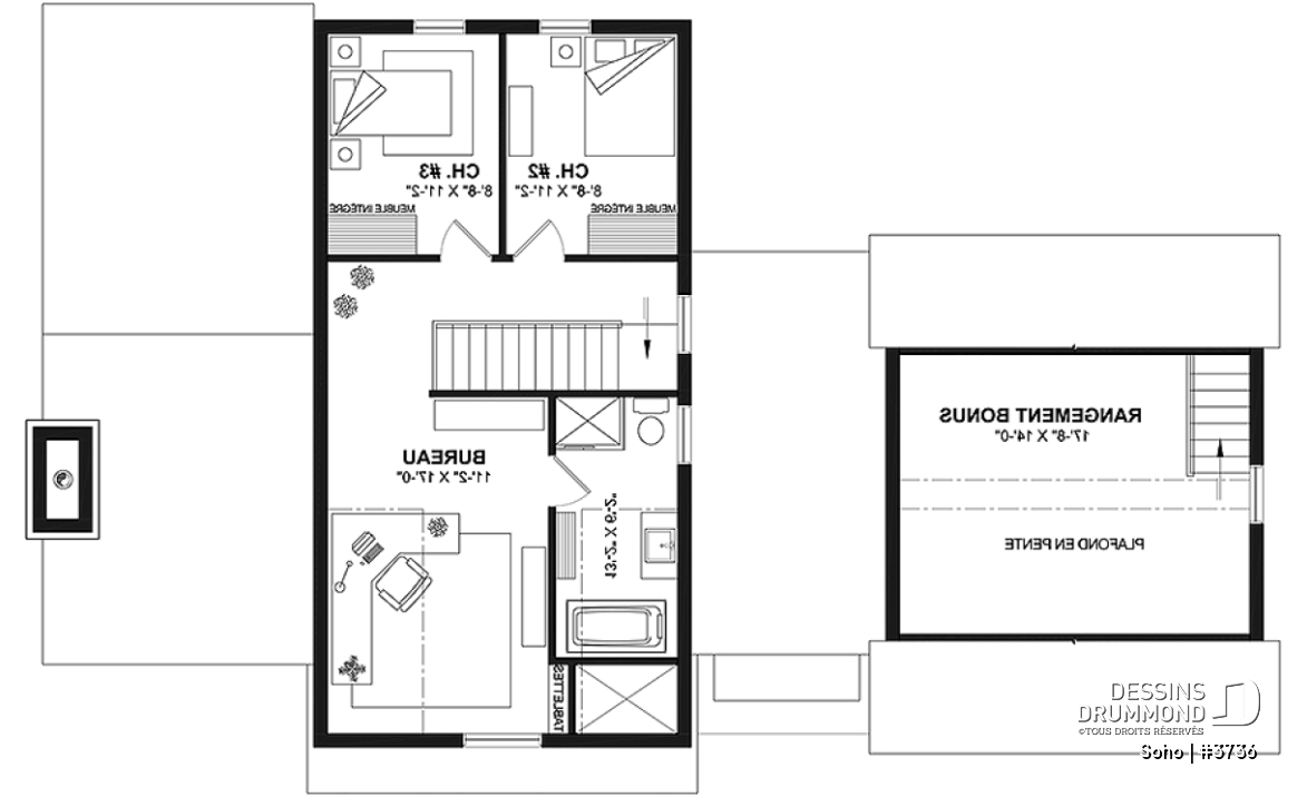 Étage - Plan de maison transitionnelle avec suite principale au rez-de-chaussée et bureau polyvalent - Soho