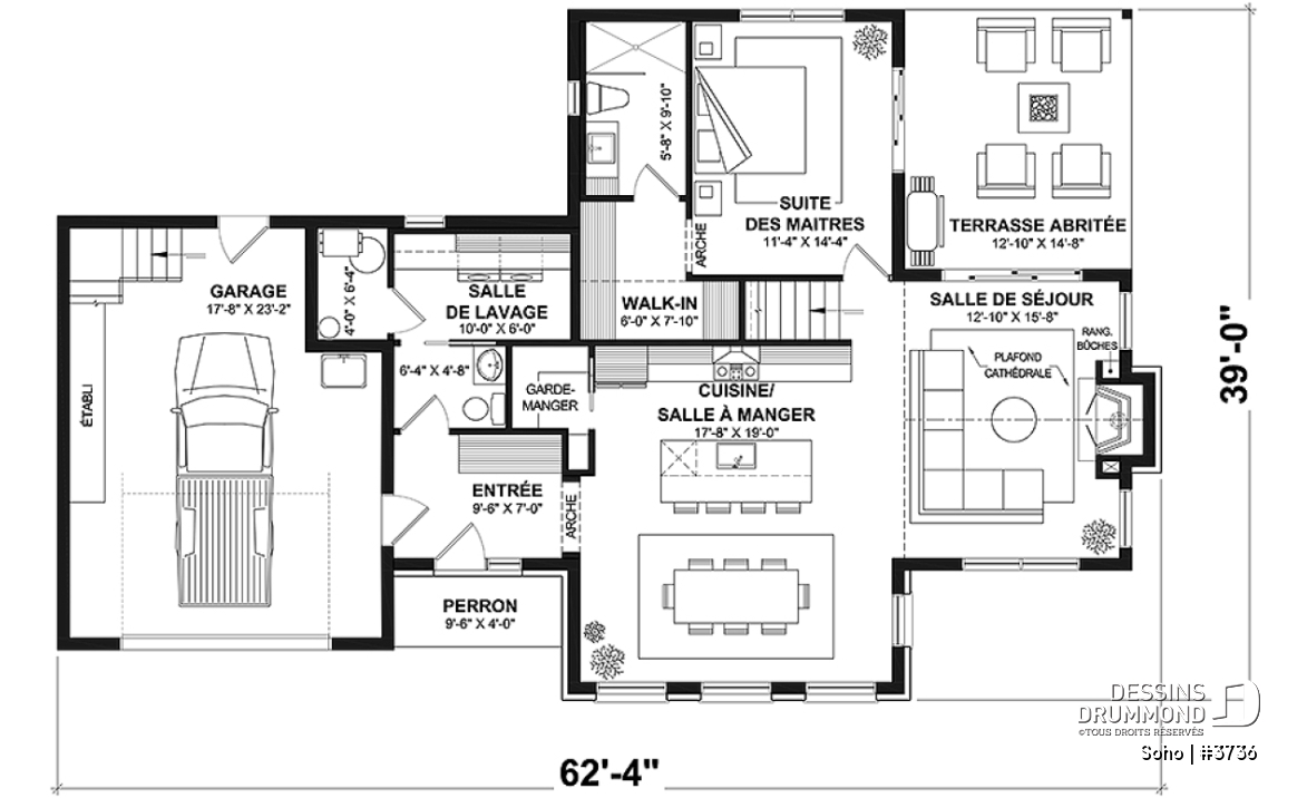 Rez-de-chaussée - Plan de maison transitionnelle avec suite principale au rez-de-chaussée et bureau polyvalent - Soho