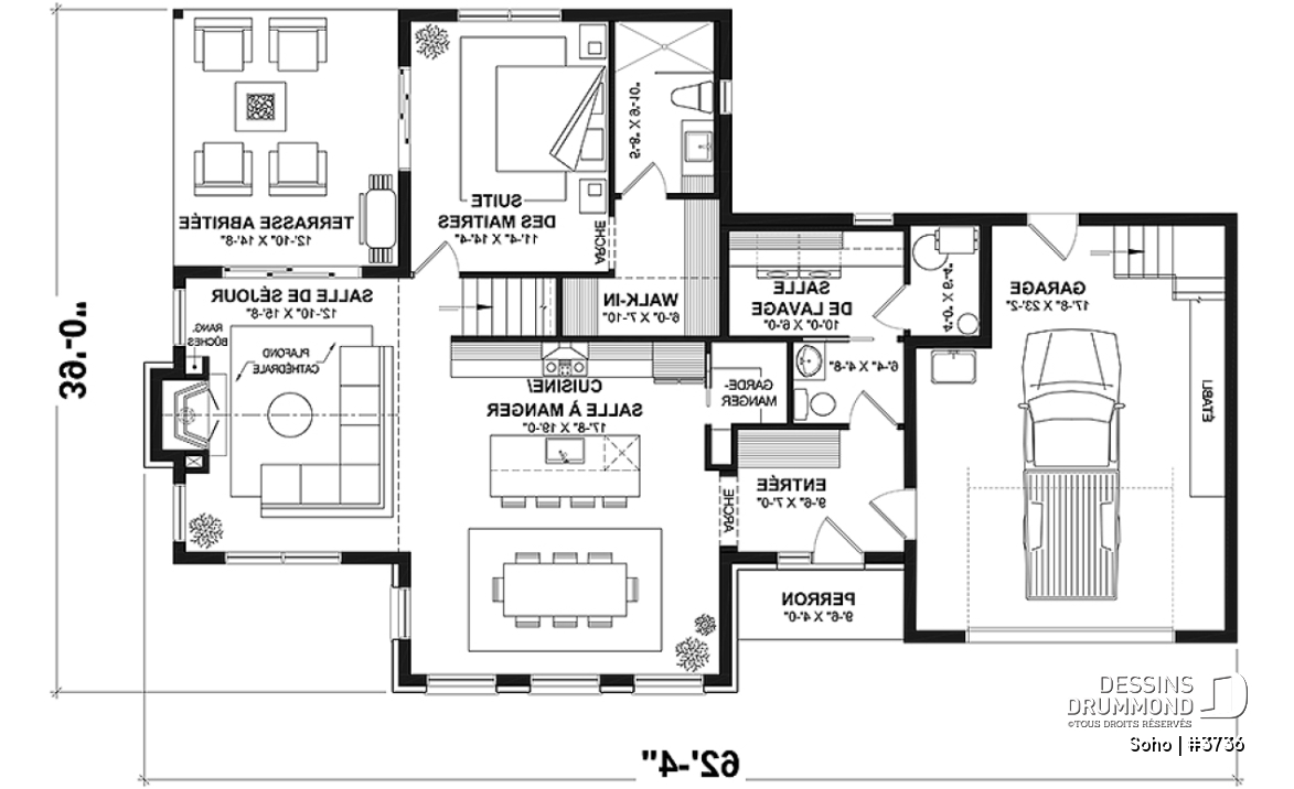 Rez-de-chaussée - Plan de maison transitionnelle avec suite principale au rez-de-chaussée et bureau polyvalent - Soho