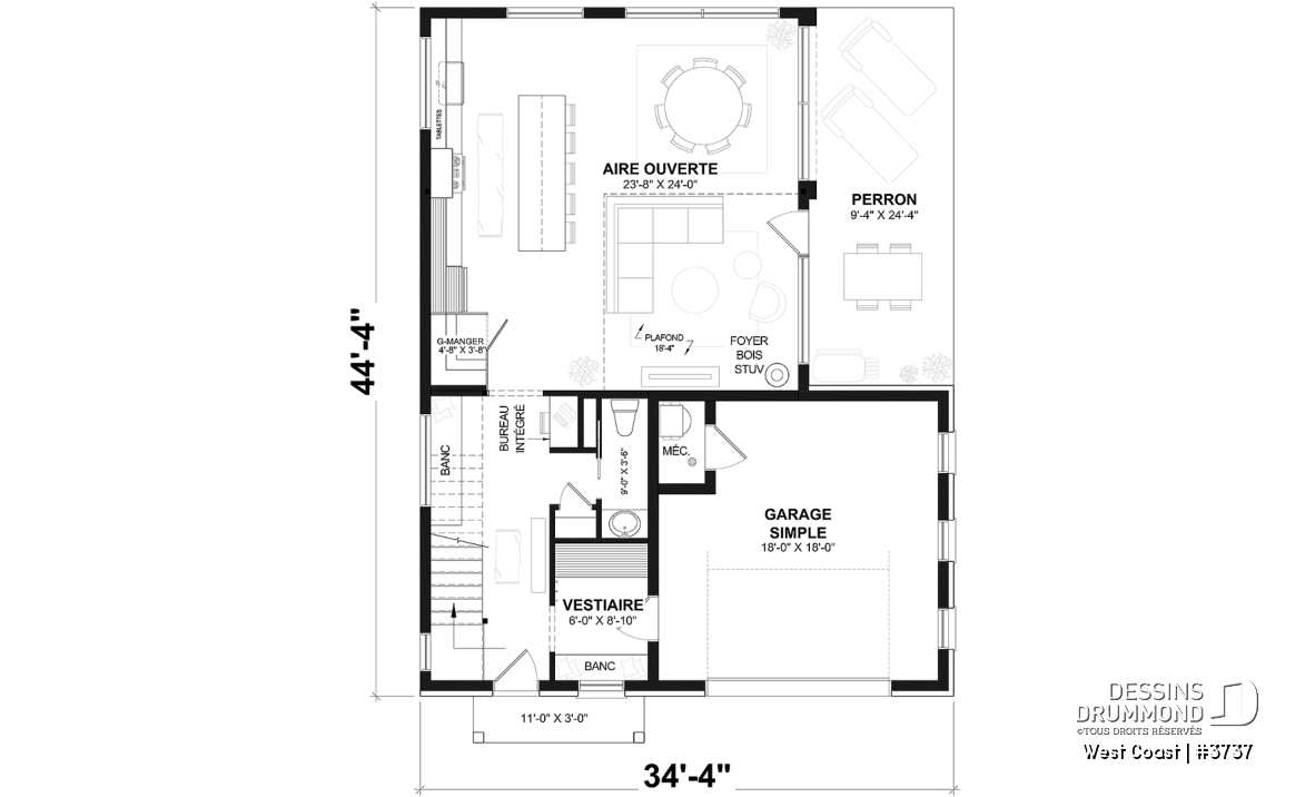 Rez-de-chaussée - Plan de maison parfaite pour terrain avec vue, proposant 3 chambres, garage et aire ouverte! - West Coast