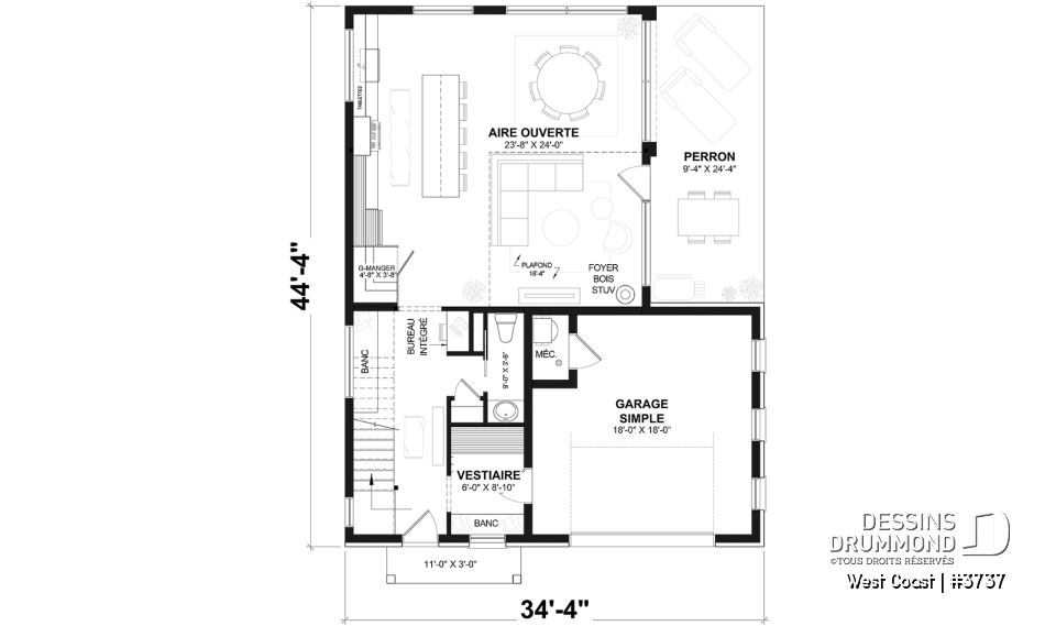 Rez-de-chaussée - Plan de maison parfaite pour terrain avec vue, proposant 3 chambres, garage et aire ouverte! - West Coast
