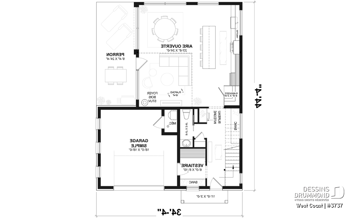 Rez-de-chaussée - Plan de maison parfaite pour terrain avec vue, proposant 3 chambres, garage et aire ouverte! - West Coast