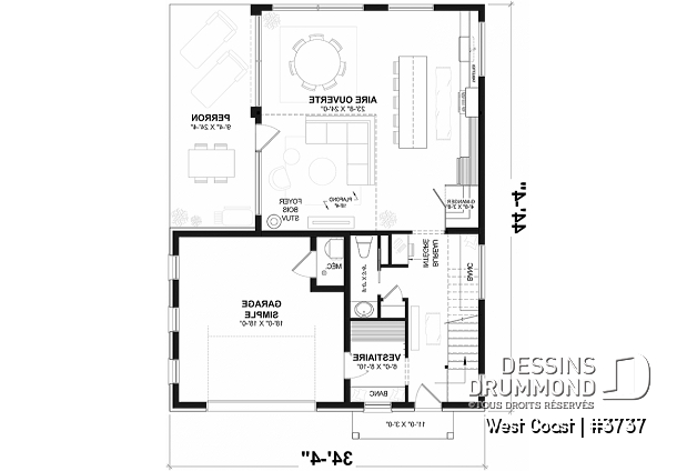 Rez-de-chaussée - Plan de maison parfaite pour terrain avec vue de côté, proposant 3 chambres, garage et aire ouverte! - West Coast