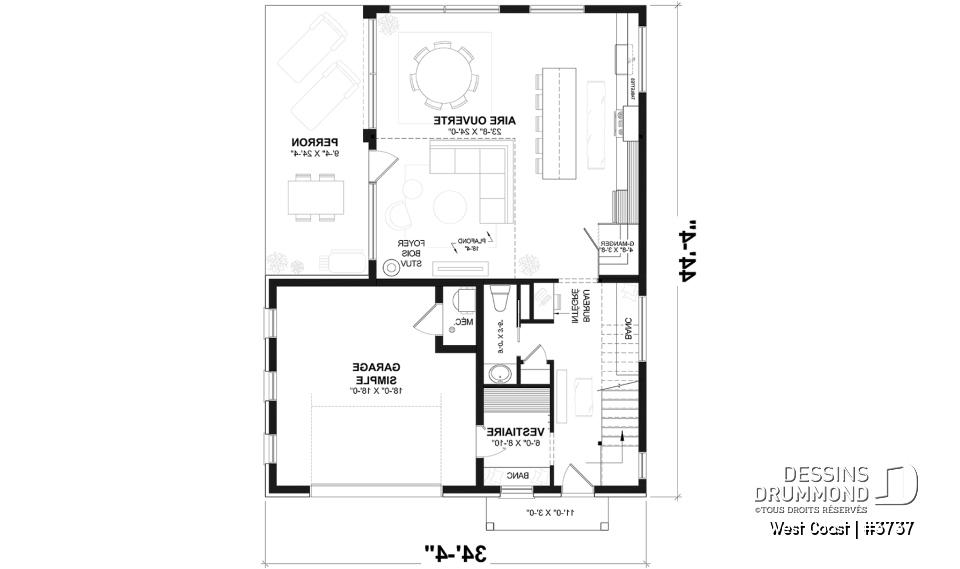 Rez-de-chaussée - Plan de maison parfaite pour terrain avec vue, proposant 3 chambres, garage et aire ouverte! - West Coast