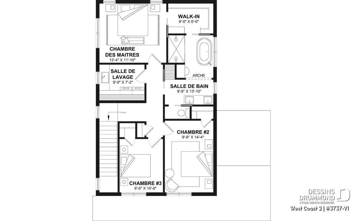 Étage - Plan de maison avec 3 chambres et salle de bain à l'étage, superbe îlot à la cuisine, coin bureau, vestiaire - West Coast 2