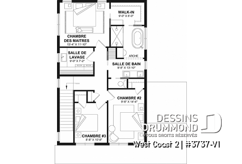 Étage - Plan de maison avec 3 chambres et salle de bain à l'étage, superbe îlot à la cuisine, coin bureau, vestiaire - West Coast 2