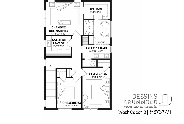 Étage - Plan de maison avec 3 chambres et salle de bain à l'étage, superbe îlot à la cuisine, coin bureau, vestiaire - West Coast 2