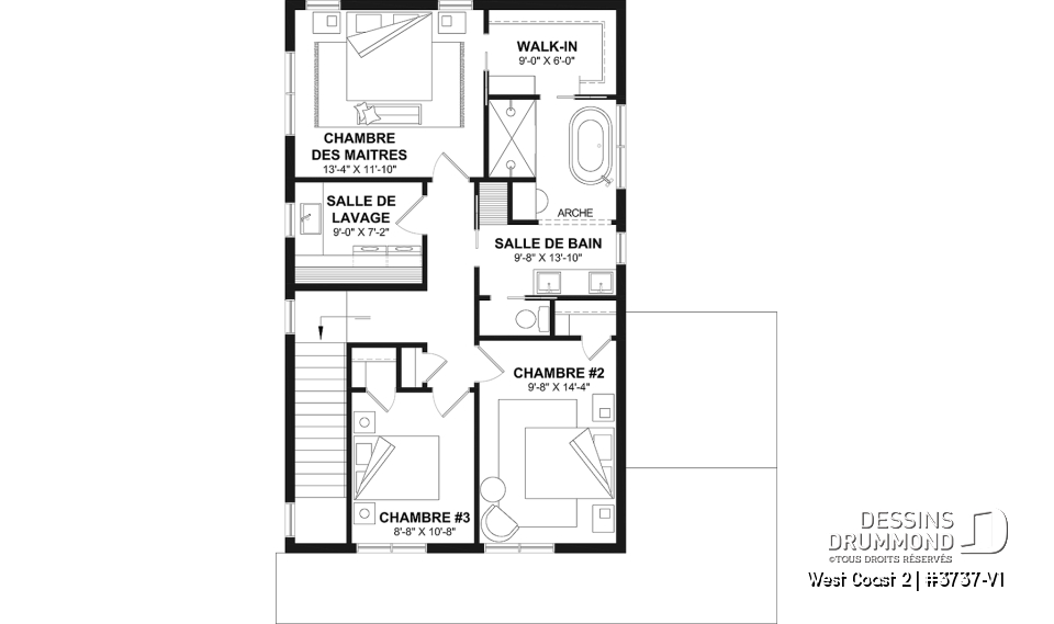 Étage - Plan de maison avec 3 chambres et salle de bain à l'étage, superbe îlot à la cuisine, coin bureau, vestiaire - West Coast 2