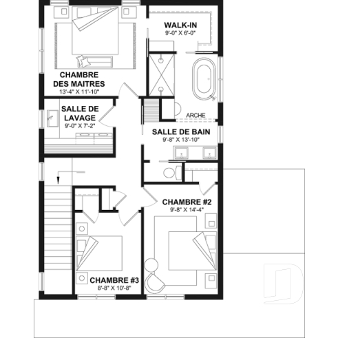 Étage - Plan de maison avec 3 chambres et salle de bain à l'étage, superbe îlot à la cuisine, coin bureau, vestiaire - West Coast 2