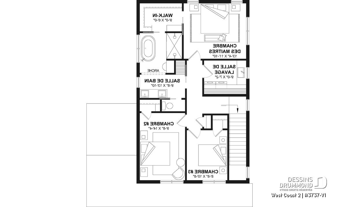 Étage - Plan de maison avec 3 chambres et salle de bain à l'étage, superbe îlot à la cuisine, coin bureau, vestiaire - West Coast 2