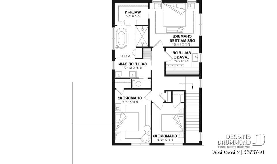 Étage - Plan de maison avec 3 chambres et salle de bain à l'étage, superbe îlot à la cuisine, coin bureau, vestiaire - West Coast 2