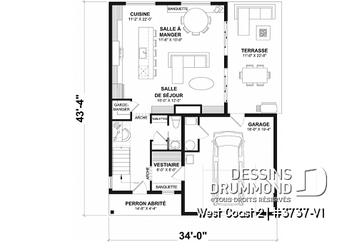 Rez-de-chaussée - Plan de maison avec 3 chambres et salle de bain à l'étage, superbe îlot à la cuisine, coin bureau, vestiaire - West Coast 2