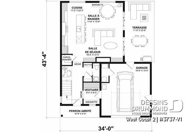 Rez-de-chaussée - Plan de maison avec 3 chambres et salle de bain à l'étage, superbe îlot à la cuisine, coin bureau, vestiaire - West Coast 2