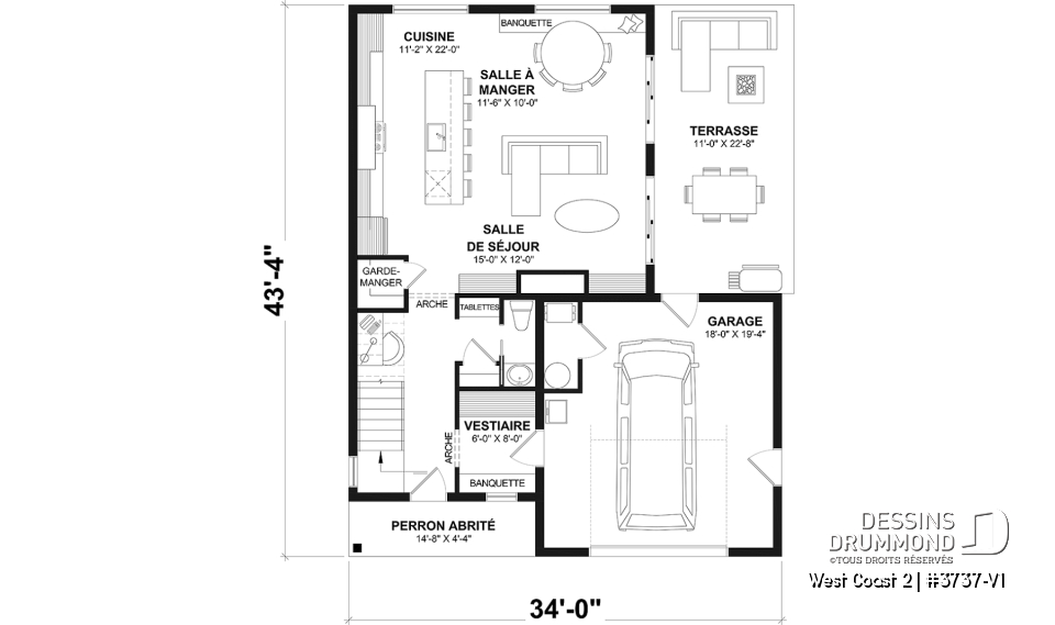 Rez-de-chaussée - Plan de maison avec 3 chambres et salle de bain à l'étage, superbe îlot à la cuisine, coin bureau, vestiaire - West Coast 2
