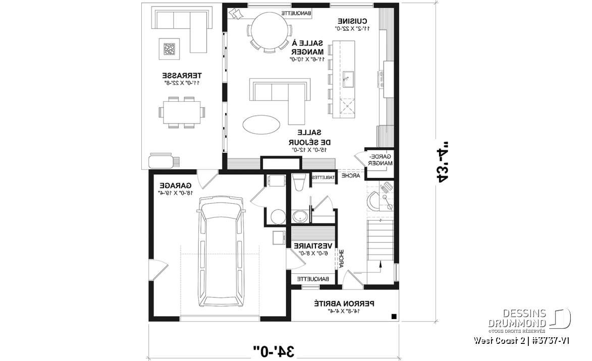 Rez-de-chaussée - Plan de maison avec 3 chambres et salle de bain à l'étage, superbe îlot à la cuisine, coin bureau, vestiaire - West Coast 2