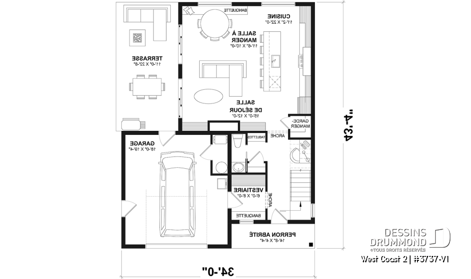 Rez-de-chaussée - Plan de maison avec 3 chambres et salle de bain à l'étage, superbe îlot à la cuisine, coin bureau, vestiaire - West Coast 2