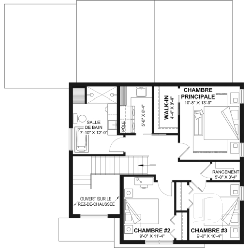 Étage - Maison à étage sur dalle de béton, aire ouverte et salle de jeux au rez-de-chaussée, 3 chambres - Whitehill