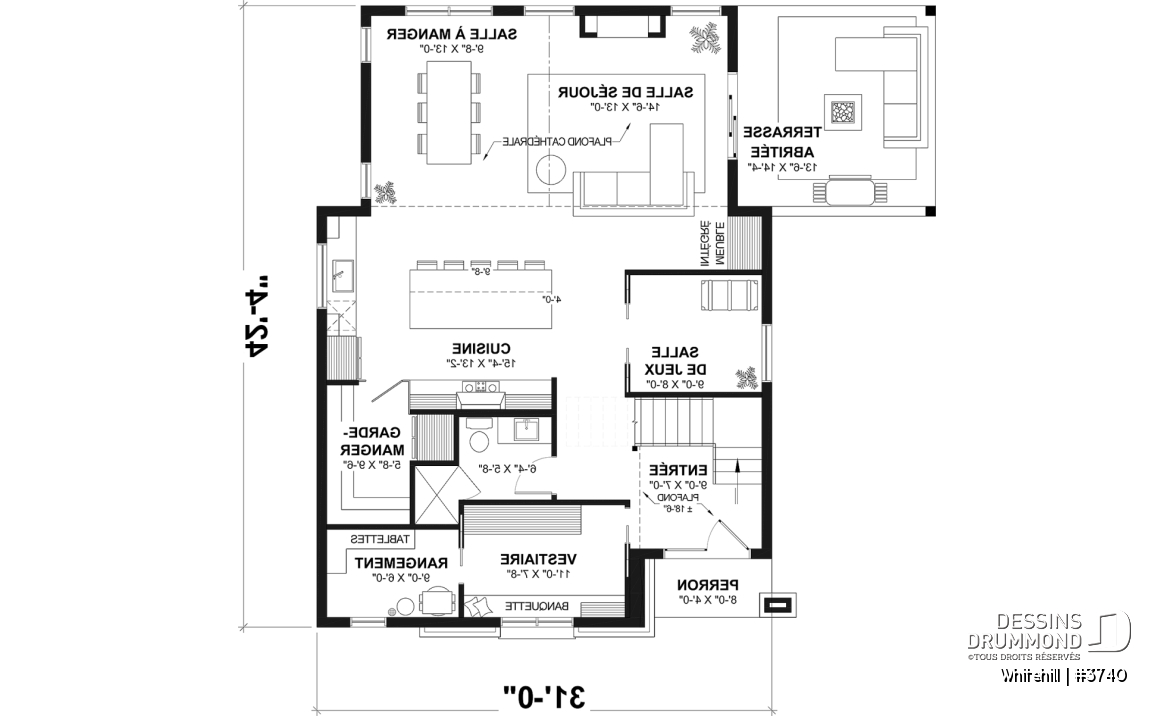 Rez-de-chaussée - Fondation dalle - Maison à étage sur dalle de béton, aire ouverte et salle de jeux au rez-de-chaussée, 3 chambres - Whitehill