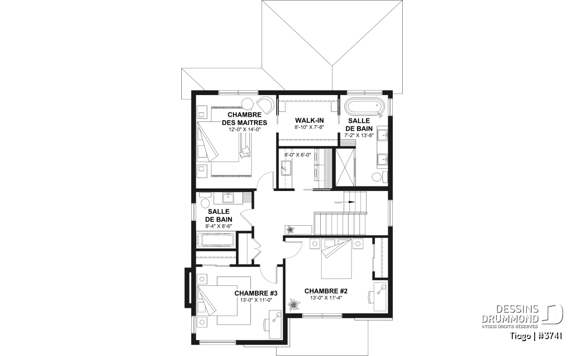 Étage - Plan maison moderne 3 à 5 chambres, bureau, 2.5 sdb, suite des parents à l'étage, s-sol aménagé optionnel ($) - Tiago