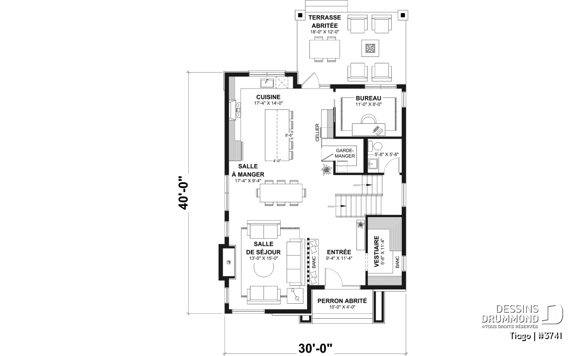 Rez-de-chaussée - Plan maison moderne 3 à 5 chambres, bureau, 2.5 sdb, suite des parents à l'étage, s-sol aménagé optionnel ($) - Tiago