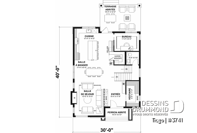 Rez-de-chaussée - Plan maison moderne 3 à 5 chambres, bureau, 2.5 sdb, suite des parents à l'étage, s-sol aménagé optionnel ($) - Tiago