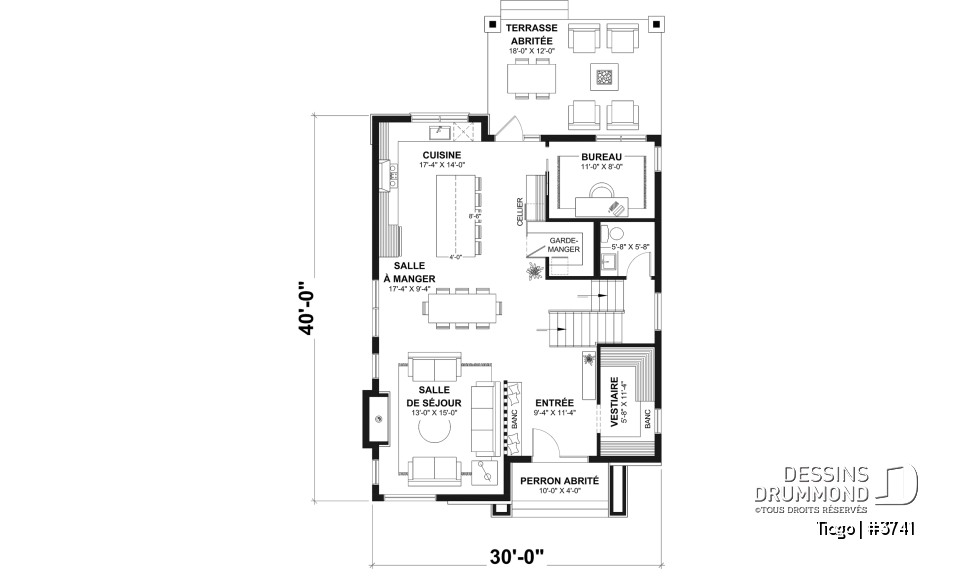 Rez-de-chaussée - Plan maison moderne 3 à 5 chambres, bureau, 2.5 sdb, suite des parents à l'étage, s-sol aménagé optionnel ($) - Tiago
