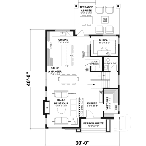 Rez-de-chaussée - Plan maison moderne 3 à 5 chambres, bureau, 2.5 sdb, suite des parents à l'étage, s-sol aménagé optionnel ($) - Tiago