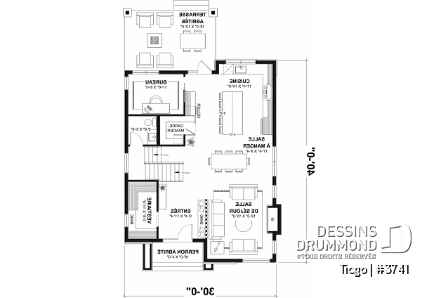 Rez-de-chaussée - Plan maison moderne 3 à 5 chambres, bureau, 2.5 sdb, suite des parents à l'étage, s-sol aménagé optionnel ($) - Tiago