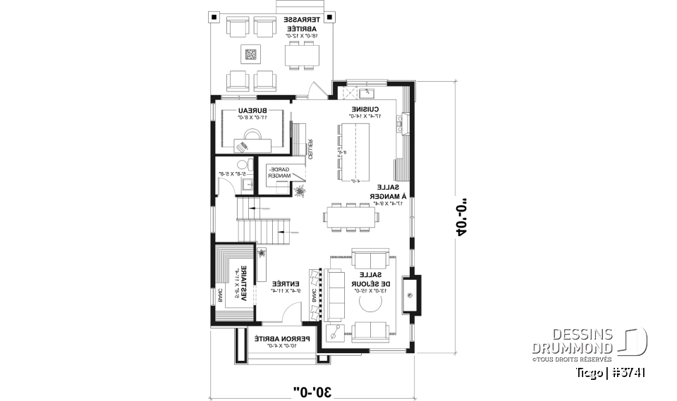 Rez-de-chaussée - Plan maison moderne 3 à 5 chambres, bureau, 2.5 sdb, suite des parents à l'étage, s-sol aménagé optionnel ($) - Tiago