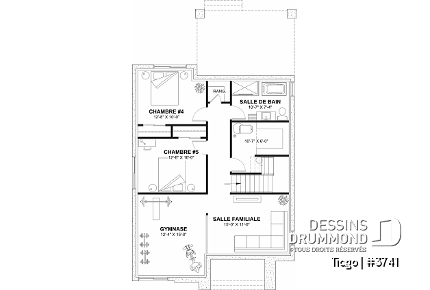 Sous-sol aménagé - Plan maison moderne 3 à 5 chambres, bureau, 2.5 sdb, suite des parents à l'étage, s-sol aménagé optionnel ($) - Tiago