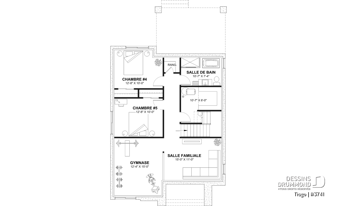 Sous-sol aménagé (Optionel $) - Plan maison moderne 3 à 5 chambres, bureau, 2.5 sdb, suite des parents à l'étage, s-sol aménagé optionnel ($) - Tiago