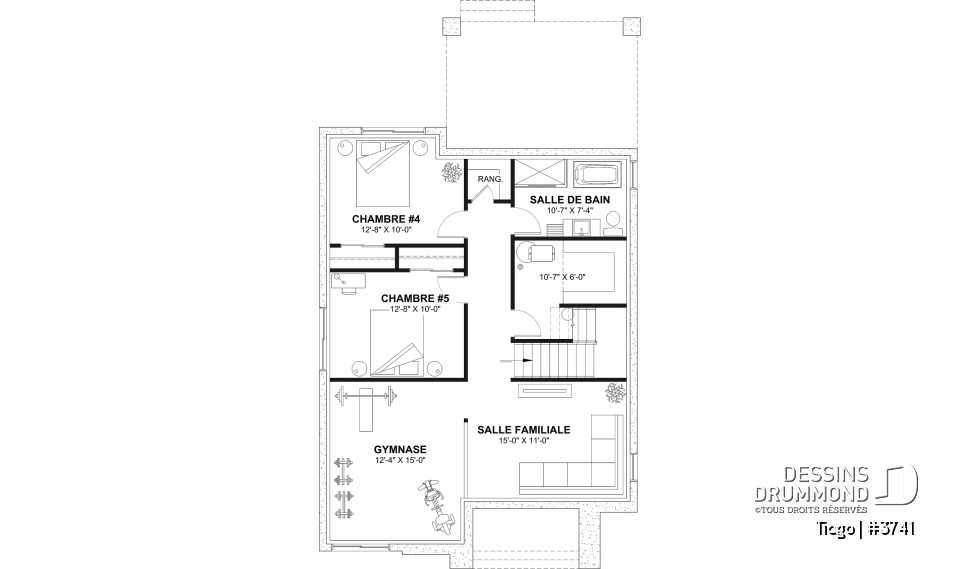 Sous-sol aménagé (Optionel $) - Plan maison moderne 3 à 5 chambres, bureau, 2.5 sdb, suite des parents à l'étage, s-sol aménagé optionnel ($) - Tiago