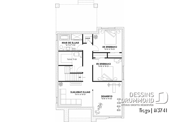 Sous-sol aménagé - Plan maison moderne 3 à 5 chambres, bureau, 2.5 sdb, suite des parents à l'étage, s-sol aménagé optionnel ($) - Tiago