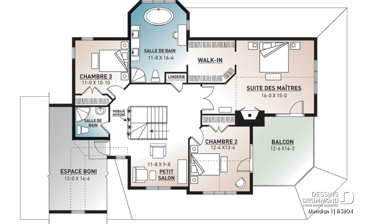 Étage - Plan de maison pour bord de l'eau, 3 chambres, plafond 9', coin lecture, 2 salons, garage double - Meridian 1