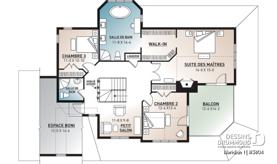 Étage - Plan de maison pour bord de l'eau, 3 chambres, plafond 9', coin lecture, 2 salons, garage double - Meridian 1