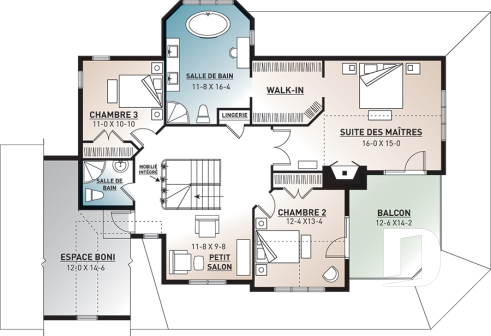 Étage - Plan de maison pour bord de l'eau, 3 chambres, plafond 9', coin lecture, 2 salons, garage double - Meridian 1
