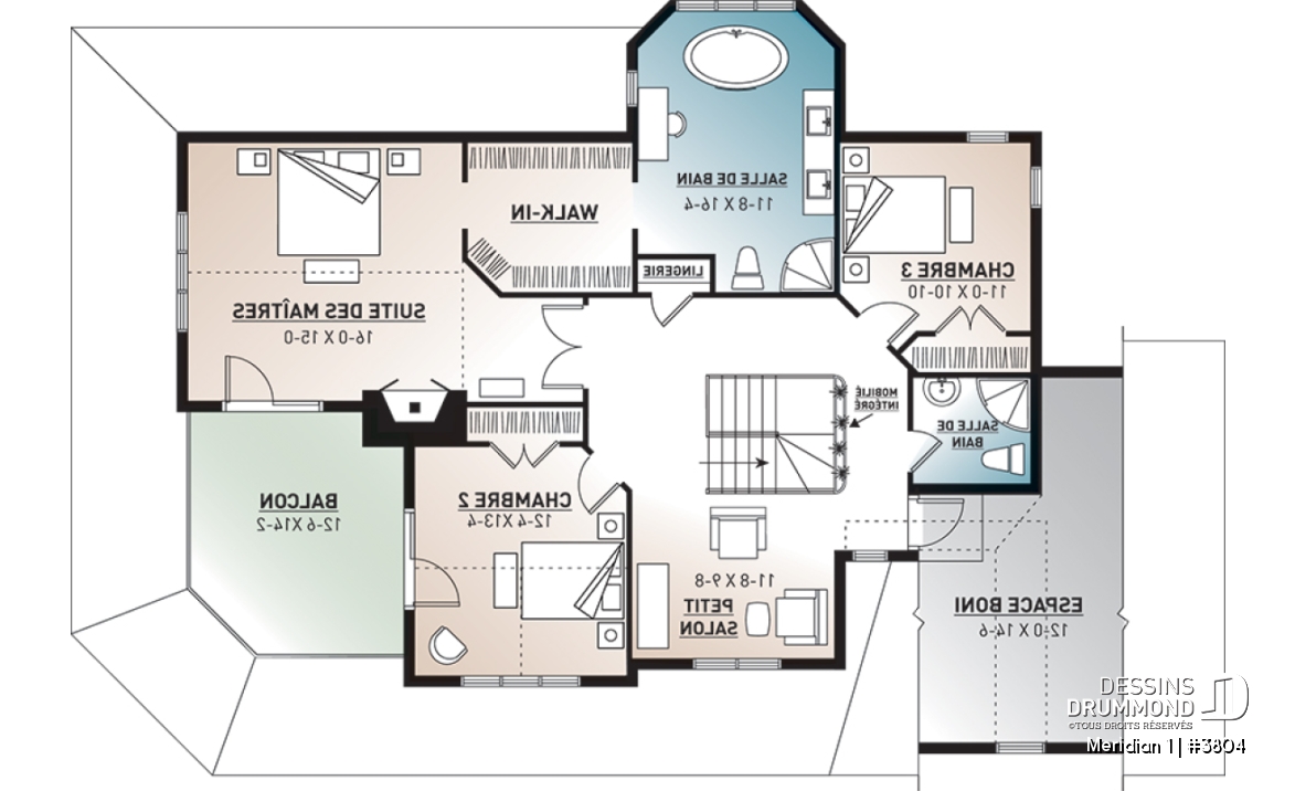 Étage - Plan de maison pour bord de l'eau, 3 chambres, plafond 9', coin lecture, 2 salons, garage double - Meridian 1