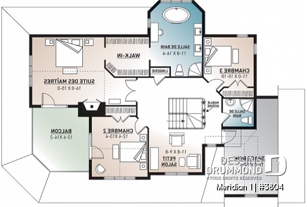 Étage - Plan de maison pour bord de l'eau, 3 chambres, plafond 9', coin lecture, 2 salons, garage double - Meridian 1