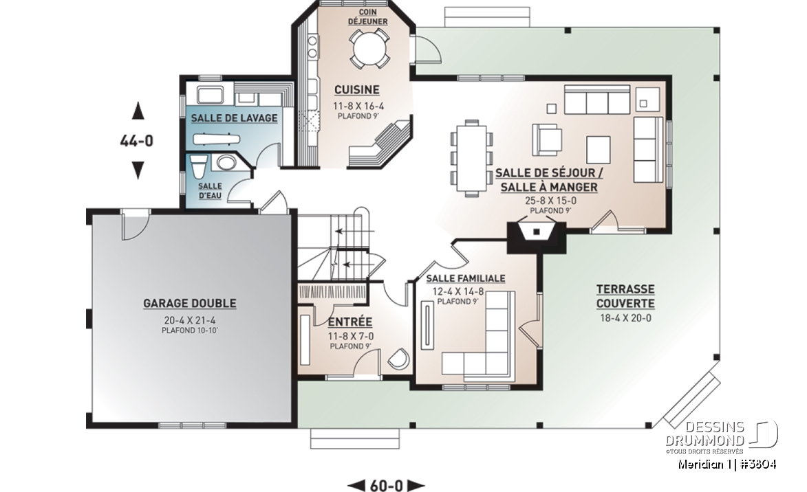 Rez-de-chaussée - Plan de maison pour bord de l'eau, 3 chambres, plafond 9', coin lecture, 2 salons, garage double - Meridian 1