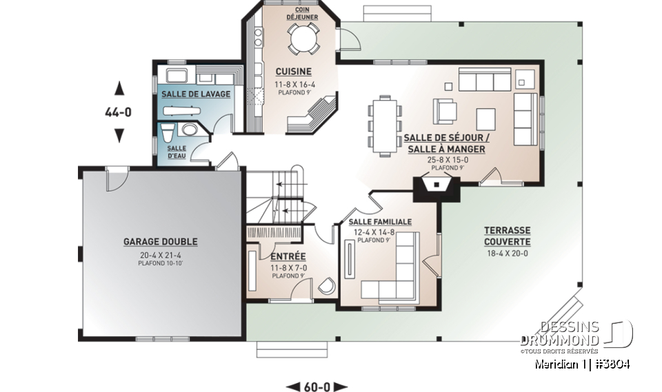 Rez-de-chaussée - Plan de maison pour bord de l'eau, 3 chambres, plafond 9', coin lecture, 2 salons, garage double - Meridian 1