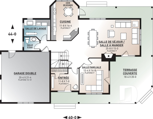 Rez-de-chaussée - Plan de maison pour bord de l'eau, 3 chambres, plafond 9', coin lecture, 2 salons, garage double - Meridian 1