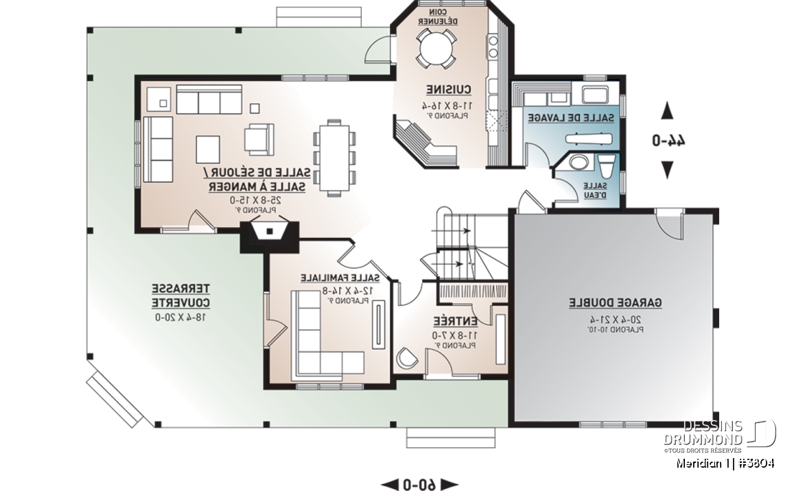 Rez-de-chaussée - Plan de maison pour bord de l'eau, 3 chambres, plafond 9', coin lecture, 2 salons, garage double - Meridian 1