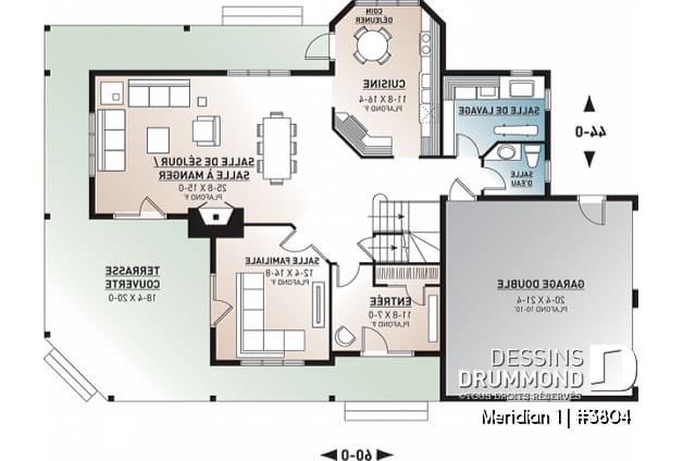 Rez-de-chaussée - Plan de maison pour bord de l'eau, 3 chambres, plafond 9', coin lecture, 2 salons, garage double - Meridian 1